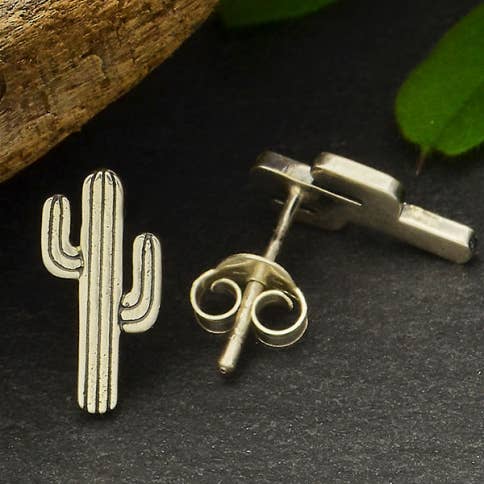 Sterling Silver or Bronze Cactus Post Earrings 12x6mm