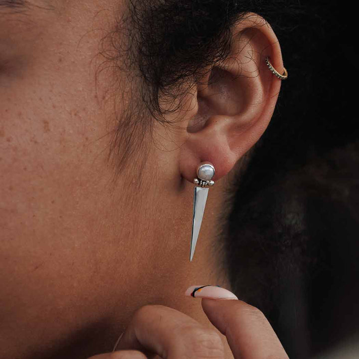 Sterling Silver Pearl Post Earrings with Hinged Spike 35x8mm