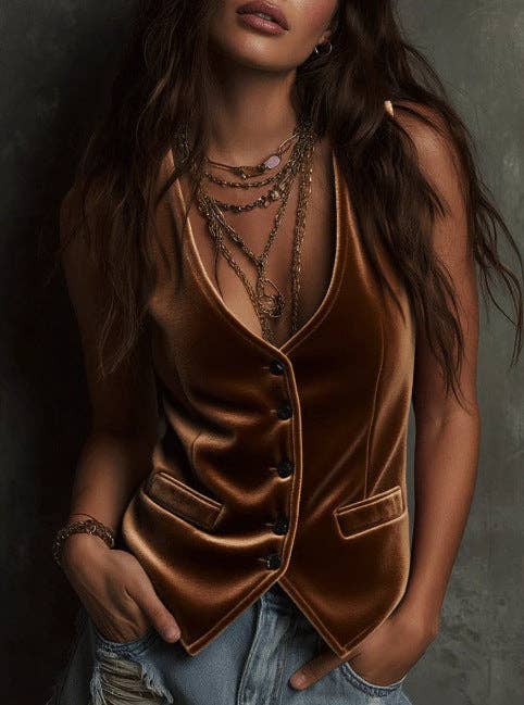Women's Velvet V Neck Button Front Fitted Vest