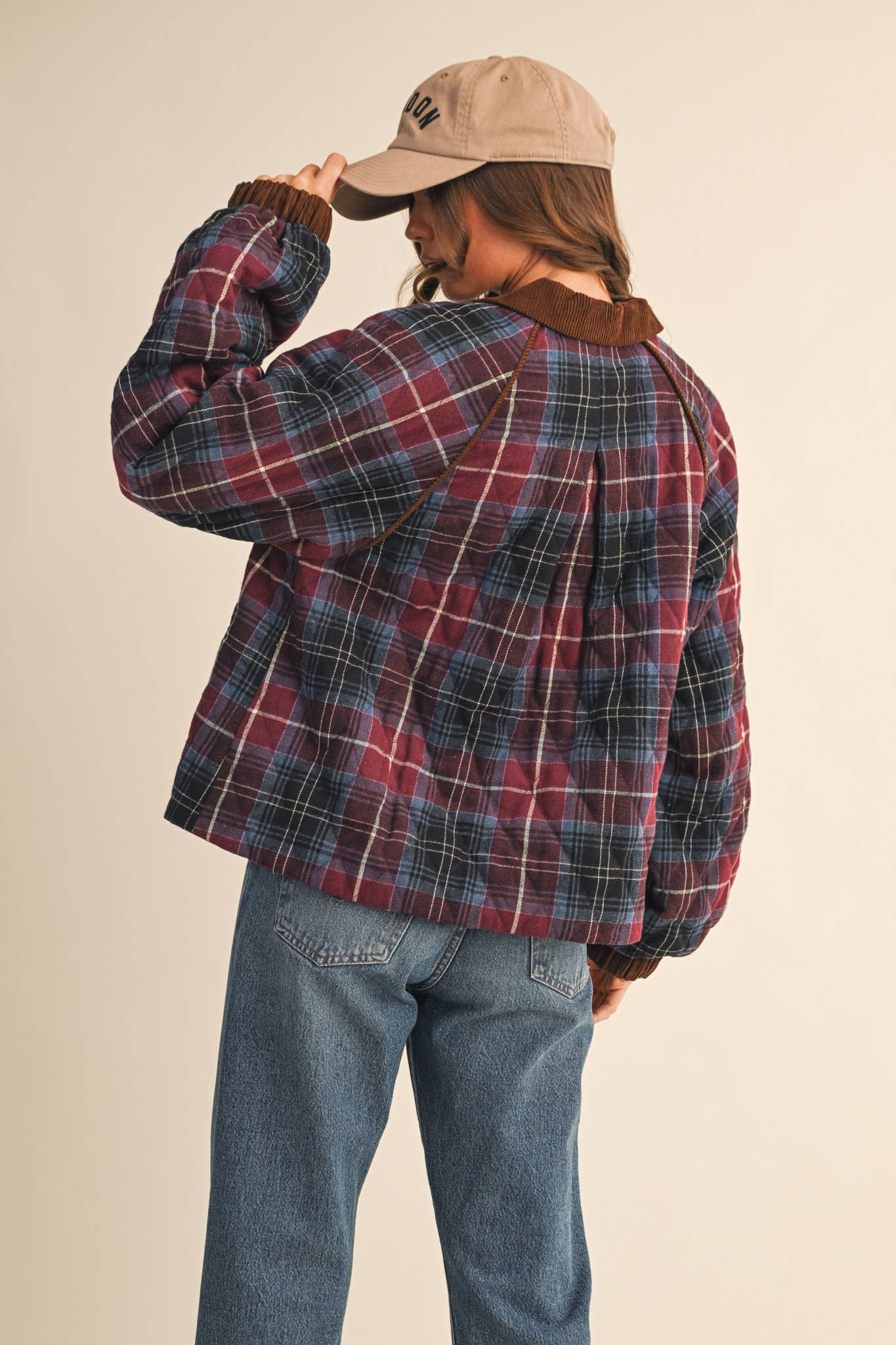 PLAID QUILTED JACKET WITH CONTRAST CORDUROY DETAIL