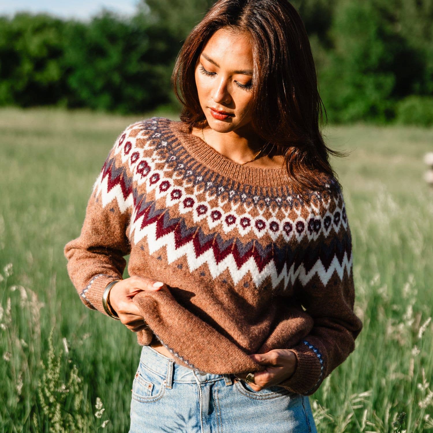 Brown, Gray, Burgundy & White Fair Isle Sweater