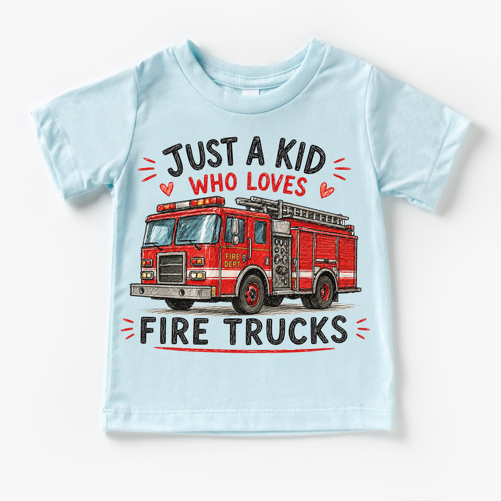Just a Kid Who Loves Fire Trucks Kids Graphic T-Shirt | Red Fire Engine Tee for Boys & Girls