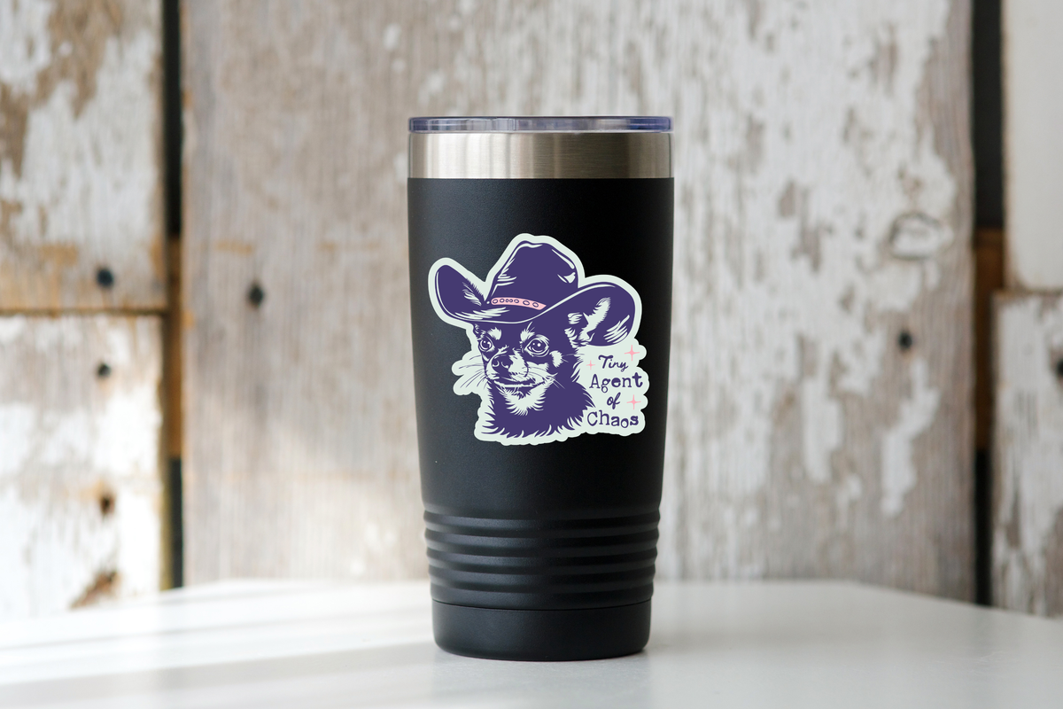 Tiny Agent of Chaos Sticker - small dog, cowboy, western