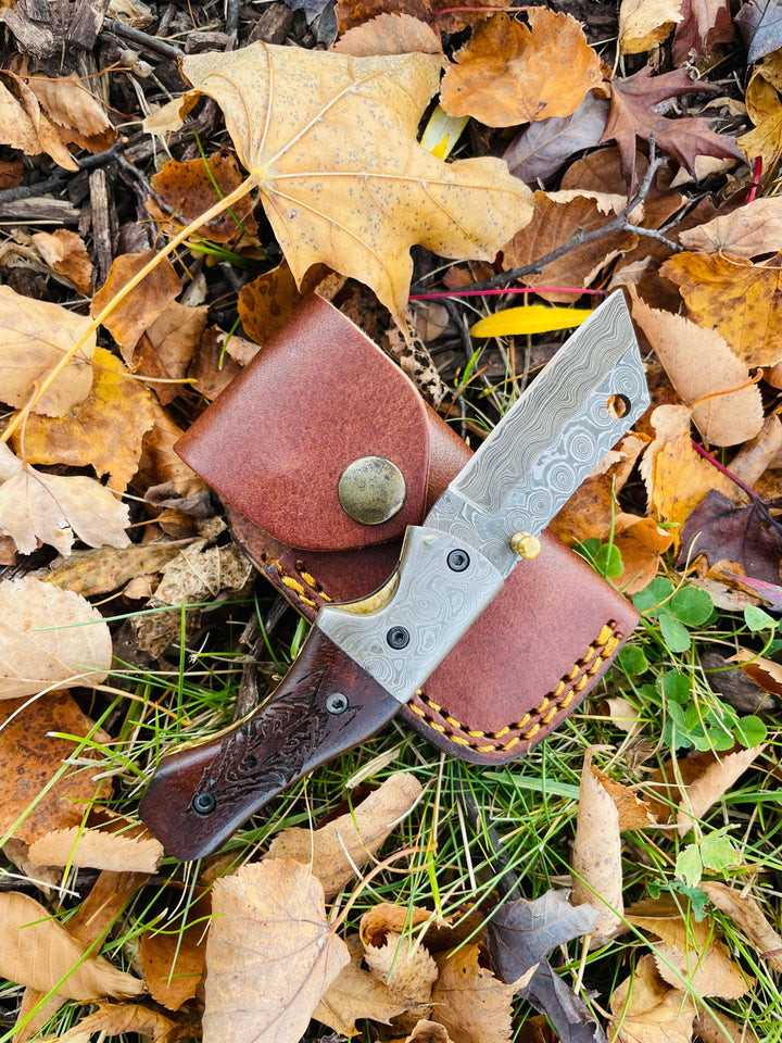 Damascus Steel Handmade Folding Knife Wolf Engraved TK-049 Limited Run