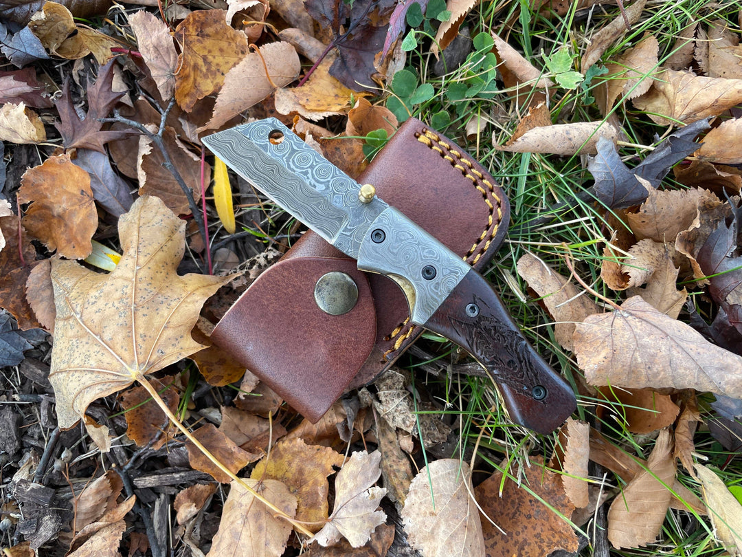 Damascus Steel Handmade Folding Knife Wolf Engraved TK-049 Limited Run