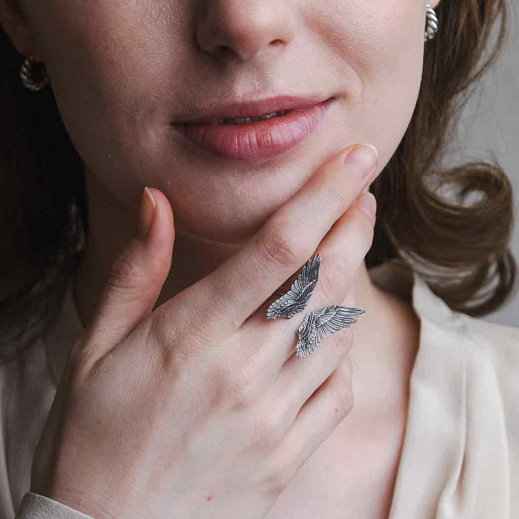 Sterling Silver Adjustable Detailed Angel Wing Ring