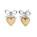 Silver Bow Post Earrings with Bronze Heart Dangle 18x14mm