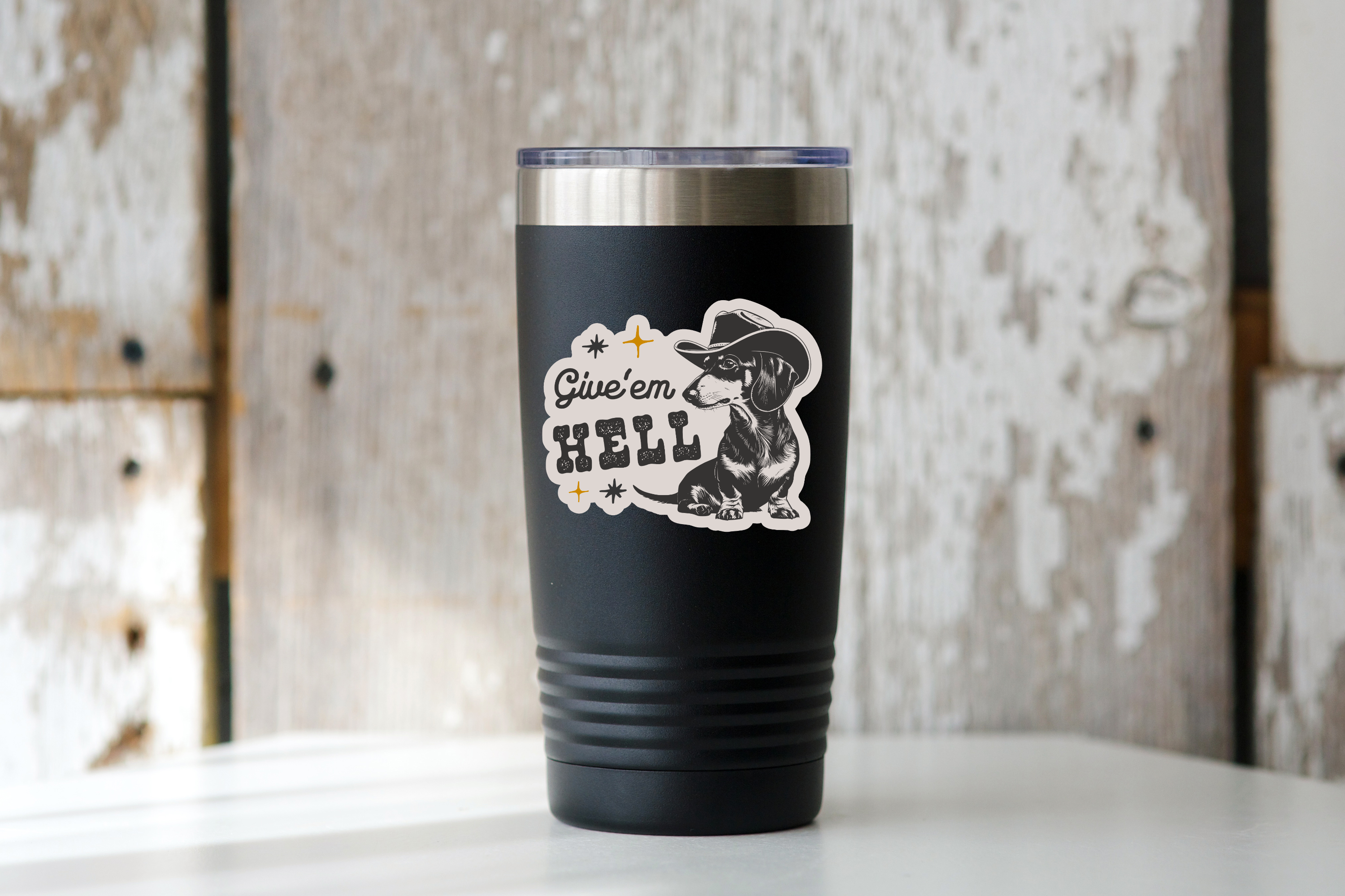 Give'em Hell Sticker - cowboy, western, dog, dachshund, cute