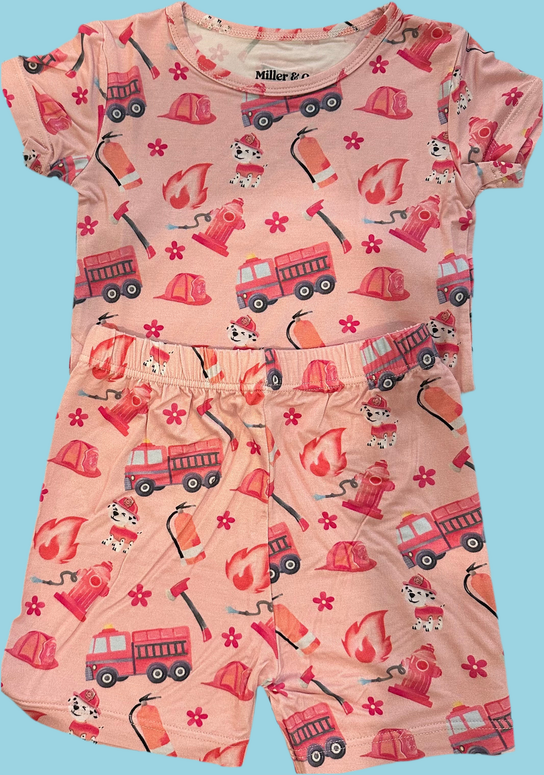 2-Piece Pink Firefighter Pajama Shorts and Short Sleeve Set
