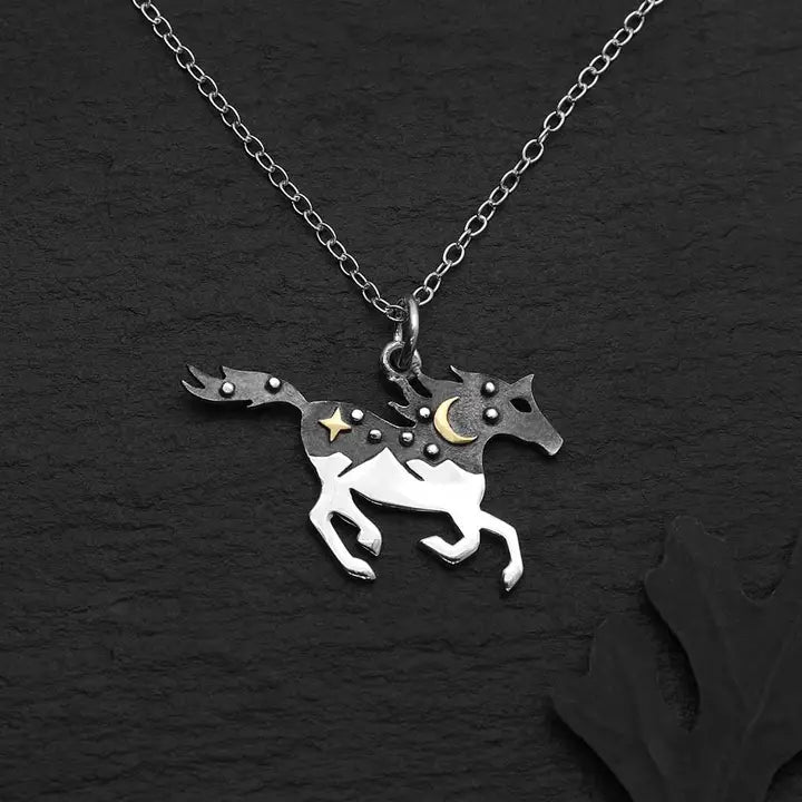 Sterling Silver Horse with Bronze Moon Necklace