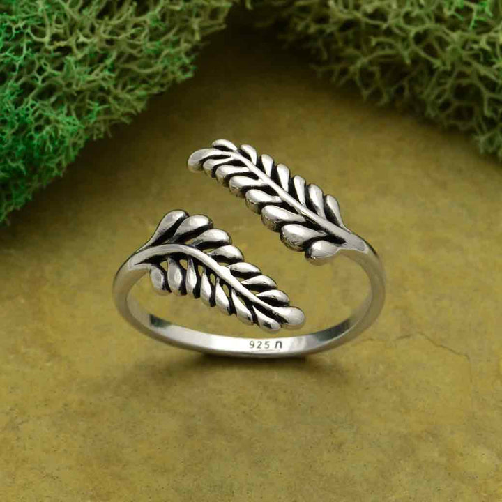 Sterling Silver or Bronze Adjustable Sprig Leaf Ring