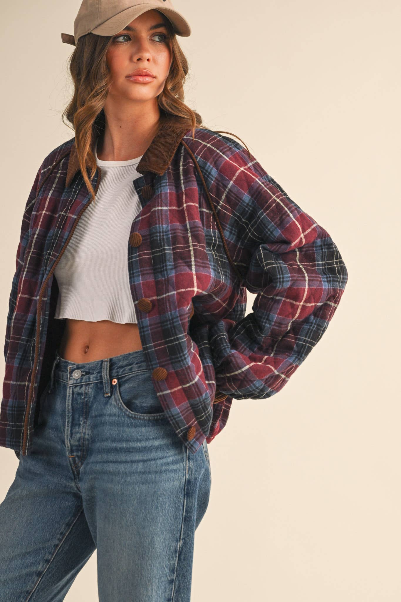 PLAID QUILTED JACKET WITH CONTRAST CORDUROY DETAIL
