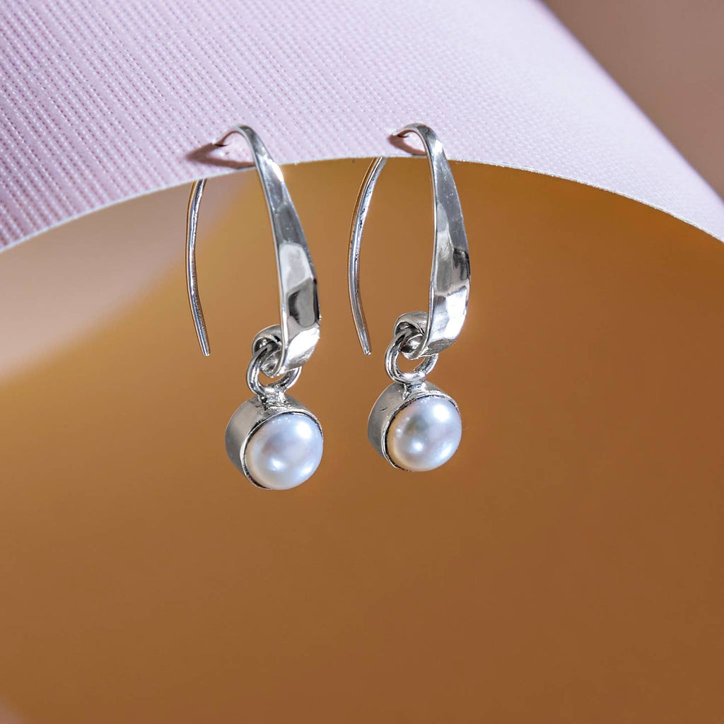 Sterling Silver Hammered Earring with Pearl Drop 23x6mm