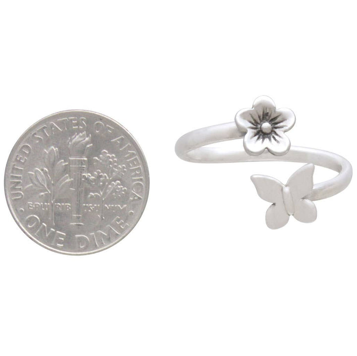 Sterling Silver Butterfly & Flower Adjustable Ring