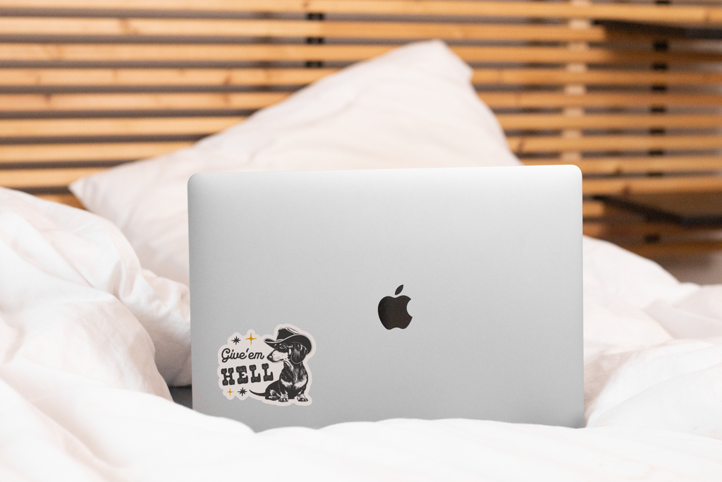 Give'em Hell Sticker - cowboy, western, dog, dachshund, cute