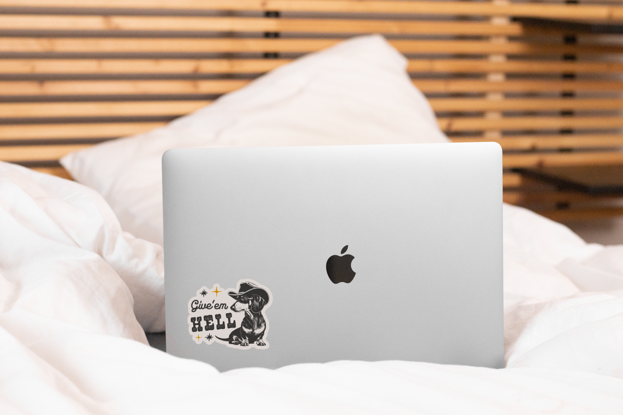 Give'em Hell Sticker - cowboy, western, dog, dachshund, cute