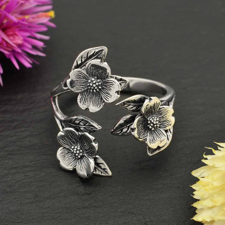 Silver or Bronze Adjustable Dogwood Flower and Leaf Ring