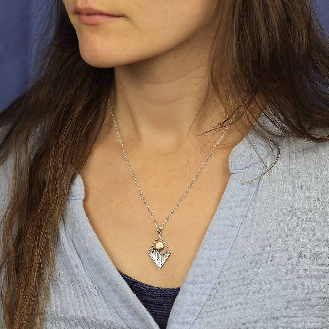 Sterling Silver Cactus with Bronze Sun Necklace