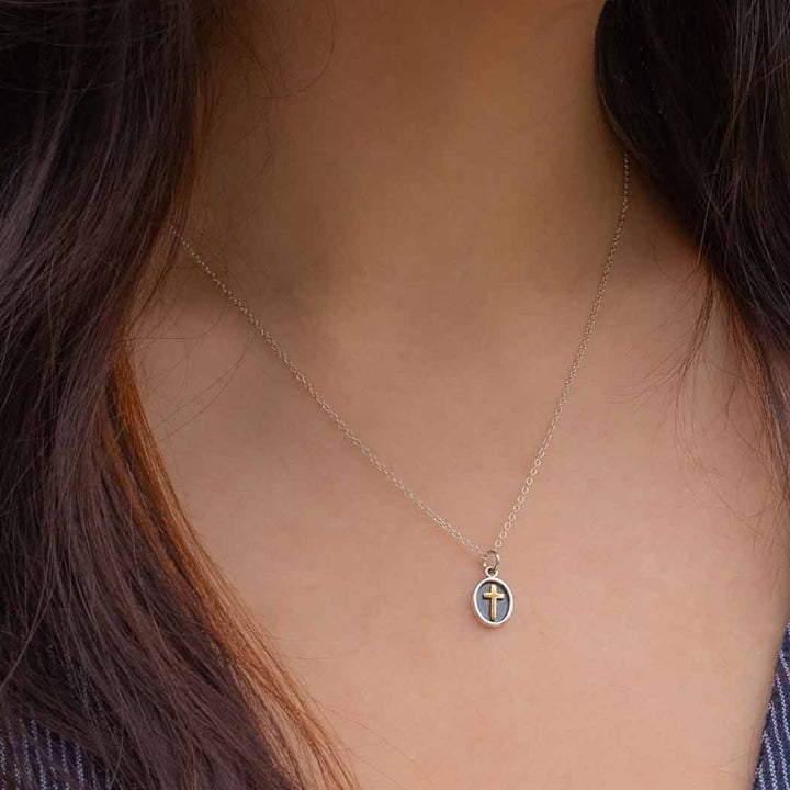 Sterling Silver Shadow Box with Bronze Cross Necklace