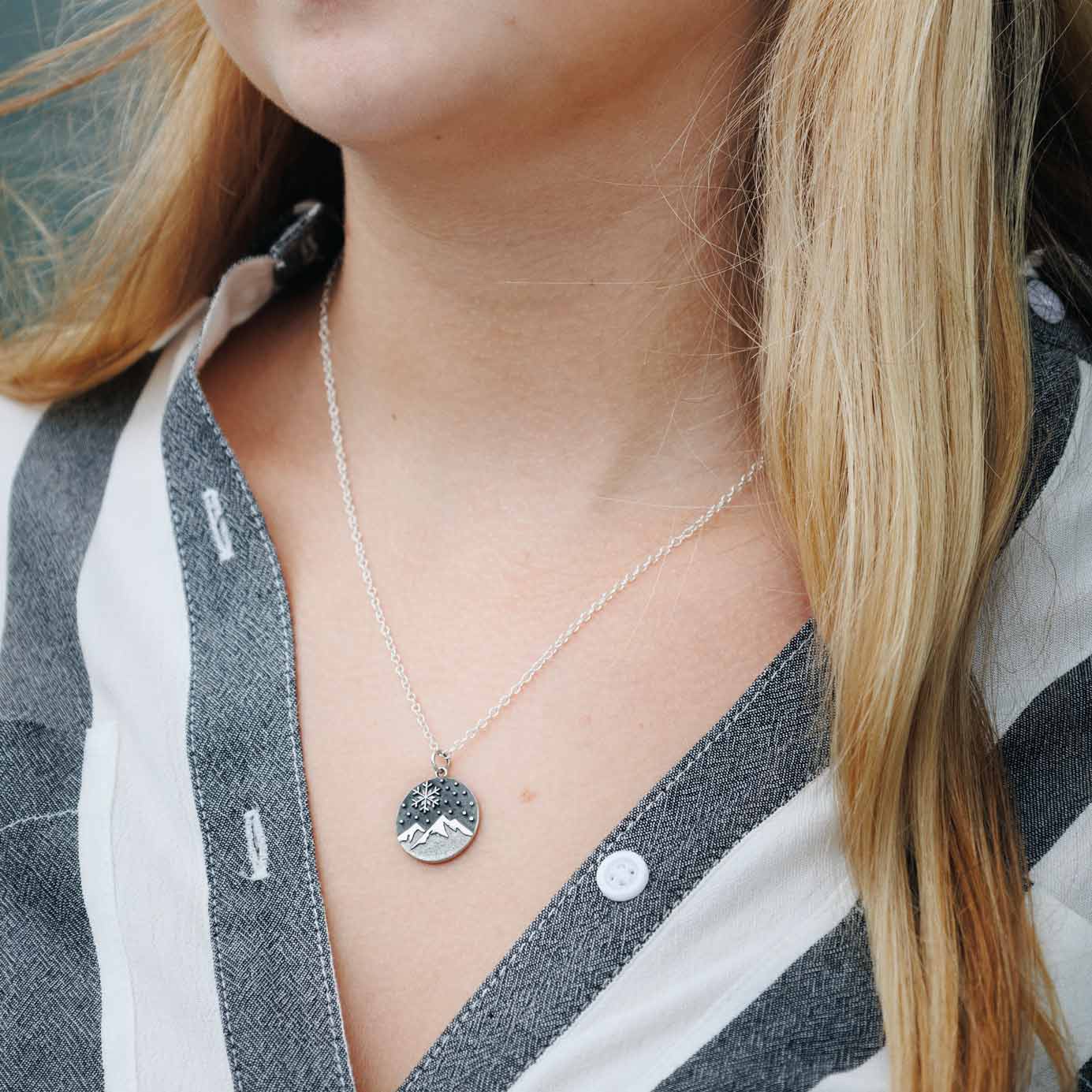 Sterling Silver Snowy Mountain and Snowflake Charm Necklace