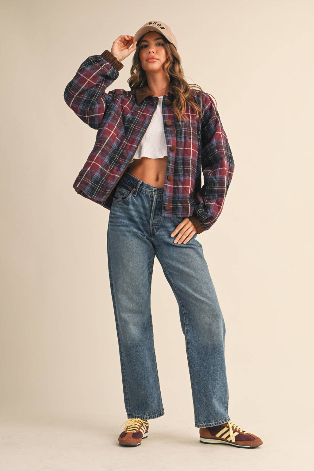 PLAID QUILTED JACKET WITH CONTRAST CORDUROY DETAIL