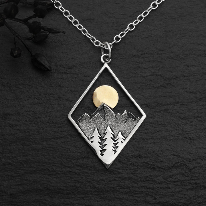Sterling Silver Mountain Necklace with Bronze Sun