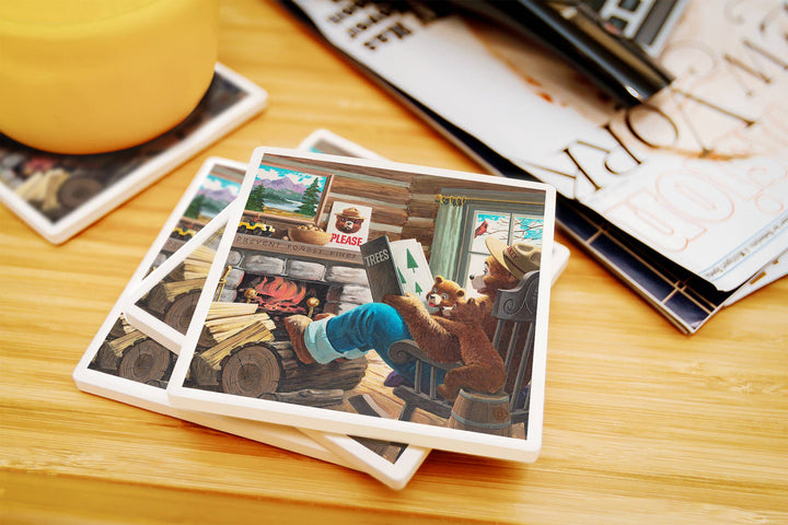 CERAMIC COASTER Smokey Bear, Reading Book to Cubs