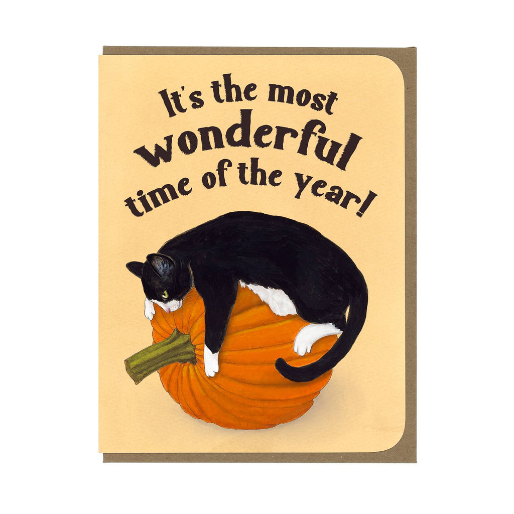 Fall Greetings - Tuxedo Cat and Pumpkin - Halloween Card   
