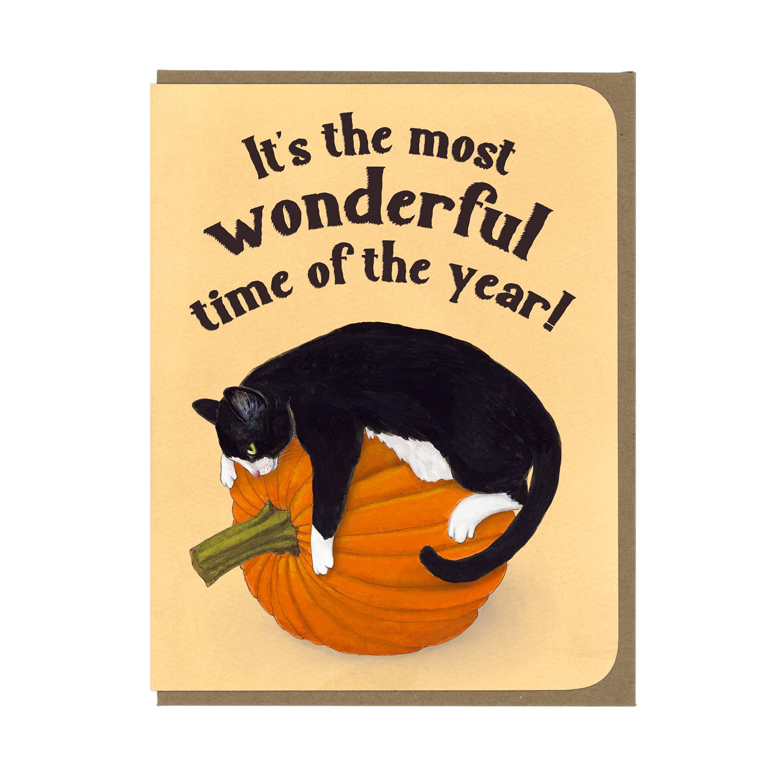 Fall Greetings - Tuxedo Cat and Pumpkin - Halloween Card   