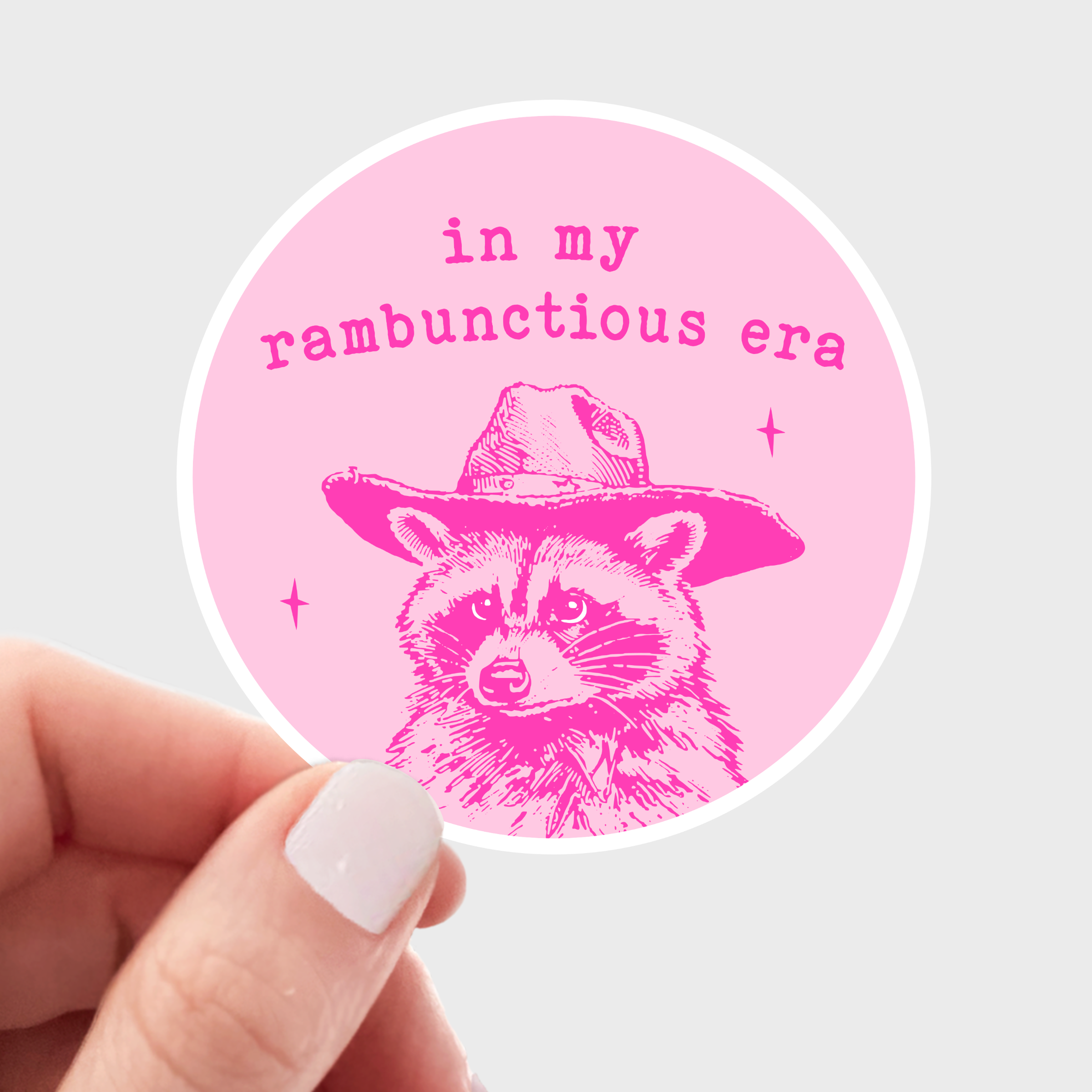 In My Rambunctious Era Sticker - raccoon, cowboy, pink