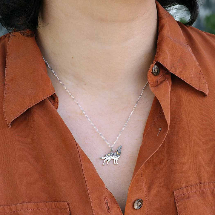 Sterling Silver Wolf with Bronze Necklace