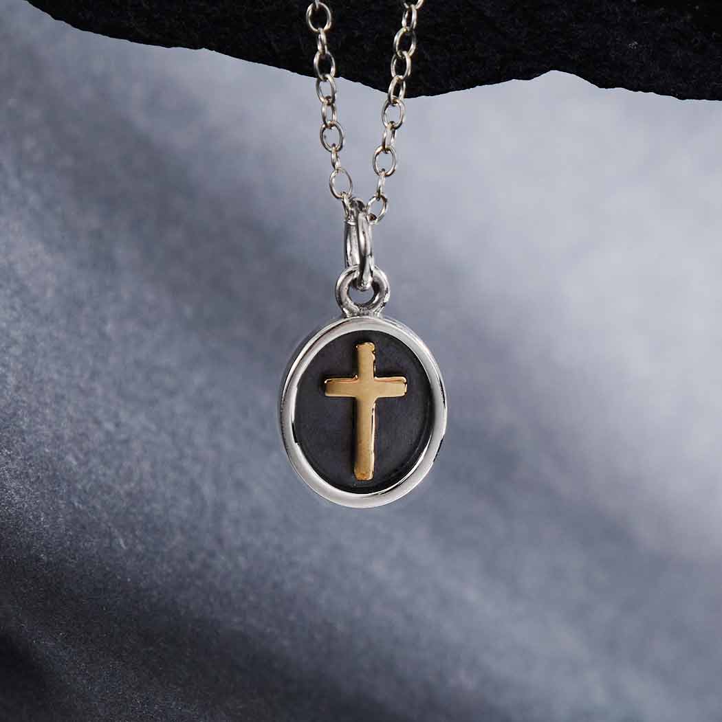 Sterling Silver Shadow Box with Bronze Cross Necklace