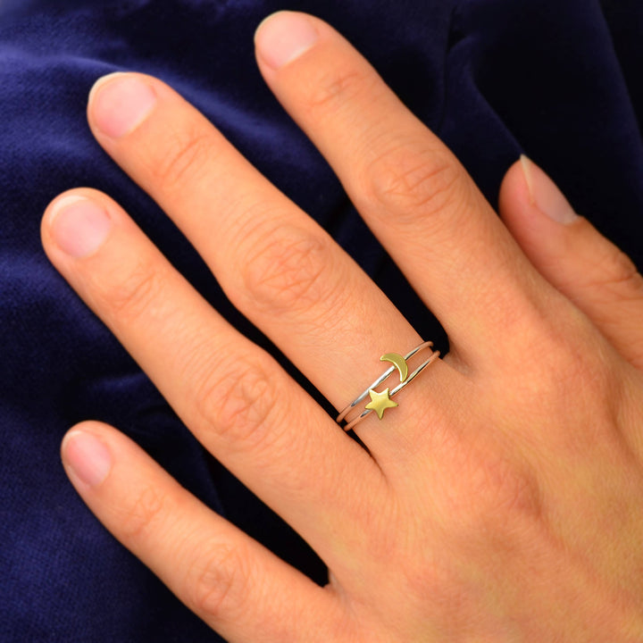 Sterling Silver Ring Set - Tiny Bronze Moon and Star