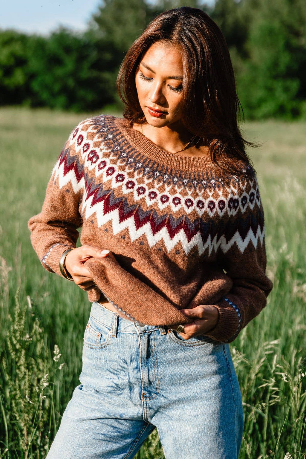 Brown, Gray, Burgundy & White Fair Isle Sweater