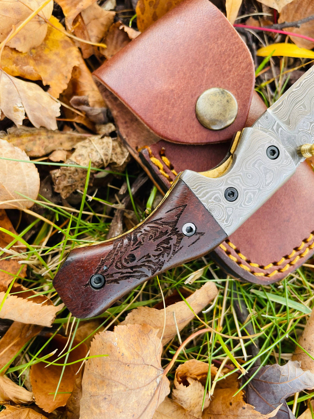 Damascus Steel Handmade Folding Knife Wolf Engraved TK-049 Limited Run