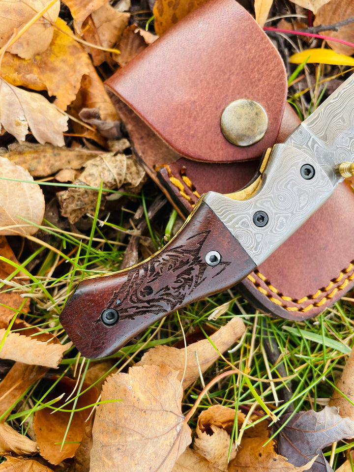 Damascus Steel Handmade Folding Knife Wolf Engraved TK-049 Limited Run