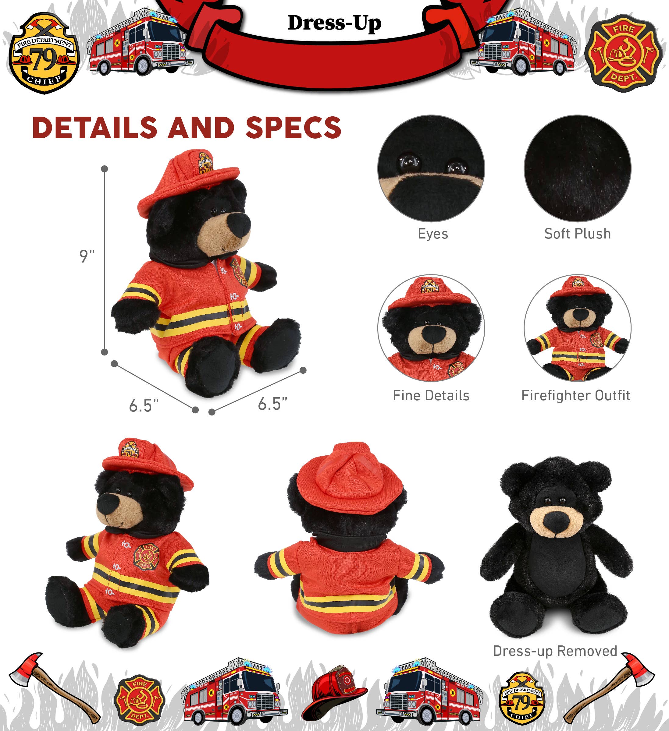 Plush Fireman - Super-Soft Plush - Black Bear 9"