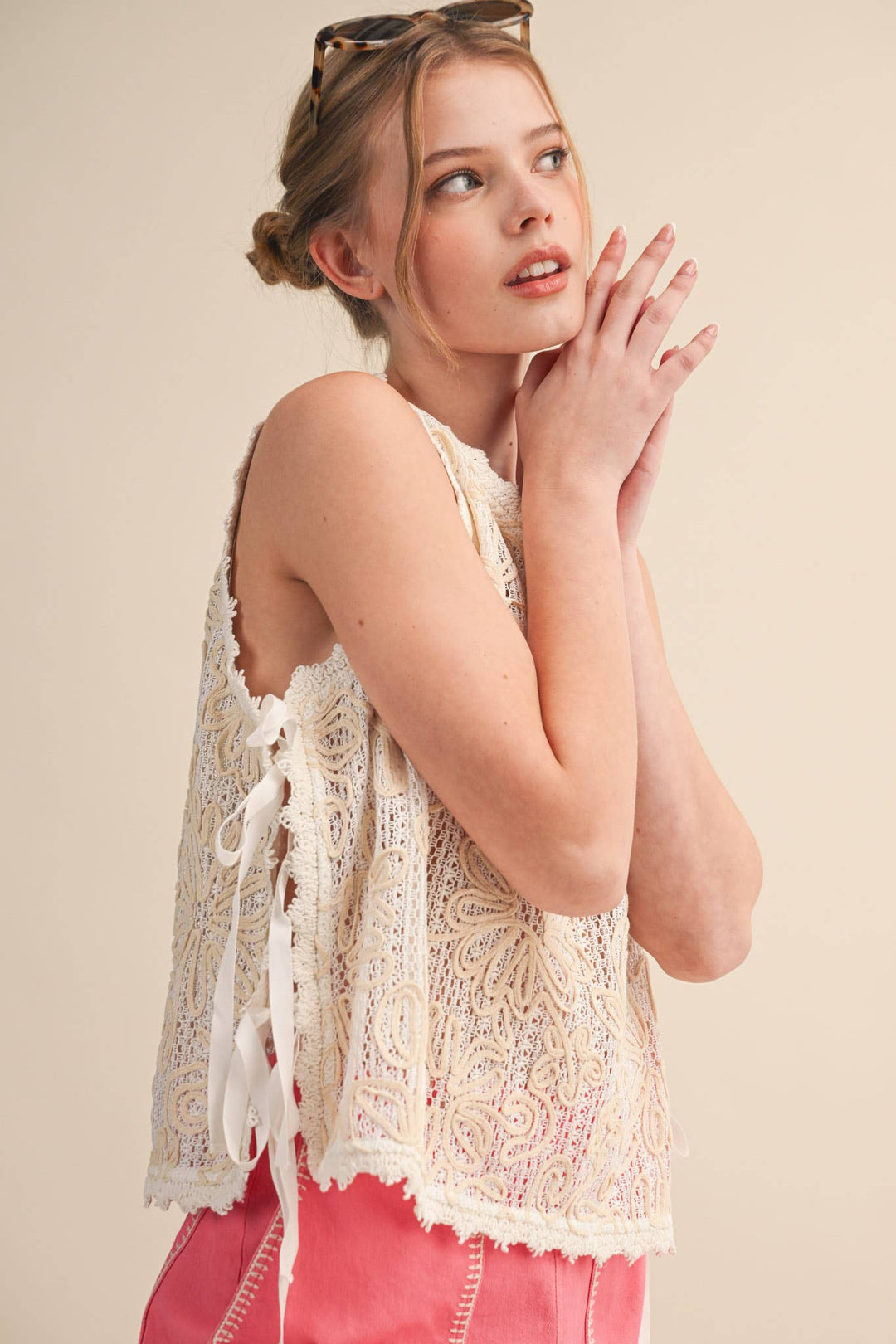 FLORAL CROCHET TANK WITH SIDE TYING DETAIL MTP4770