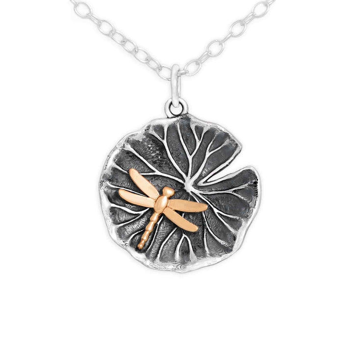 Sterling Silver Lily Pad with Bronze Dragonfly Necklace