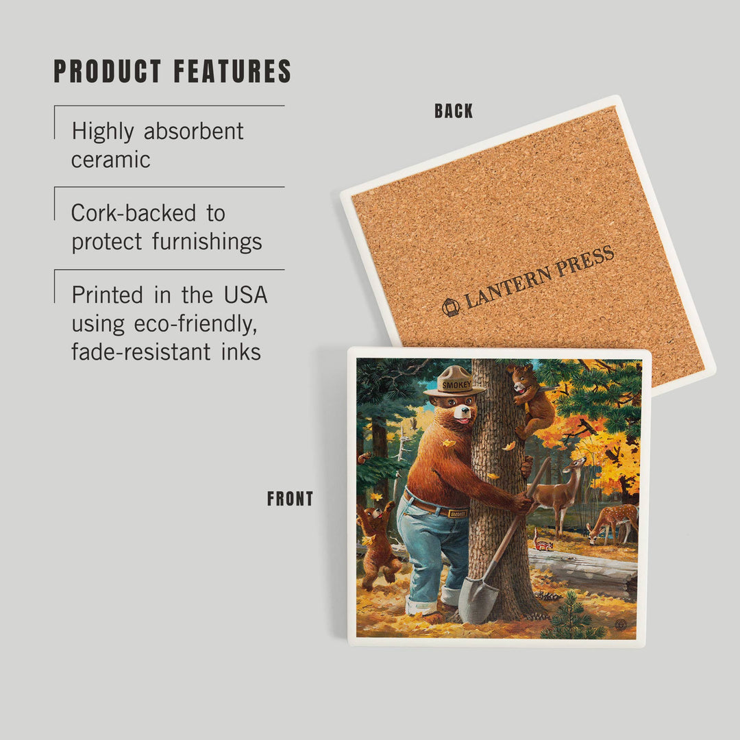 CERAMIC COASTER Smokey Bear, Hugging Tree