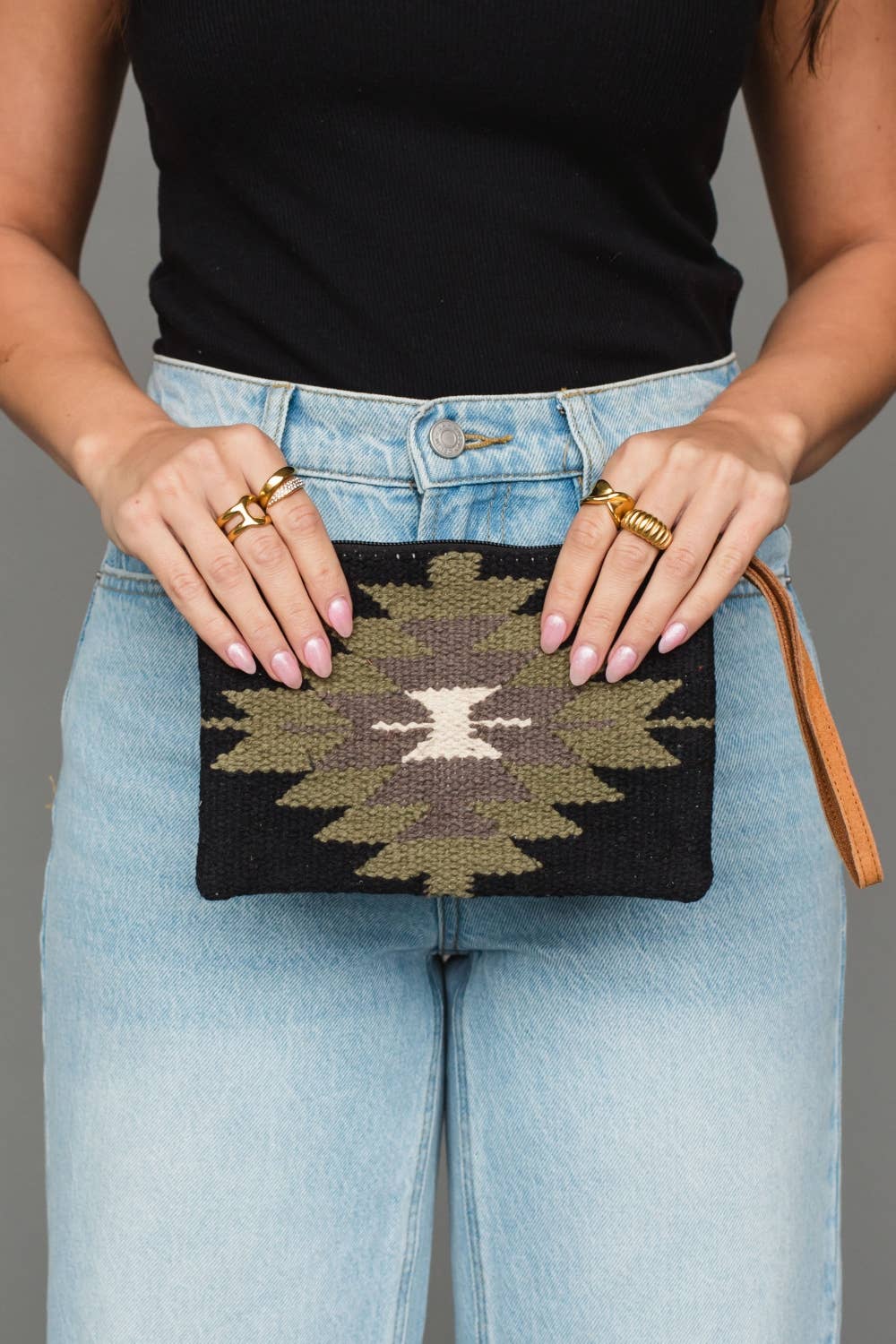 Black, Olive, Gray & Cream Western Wristlet