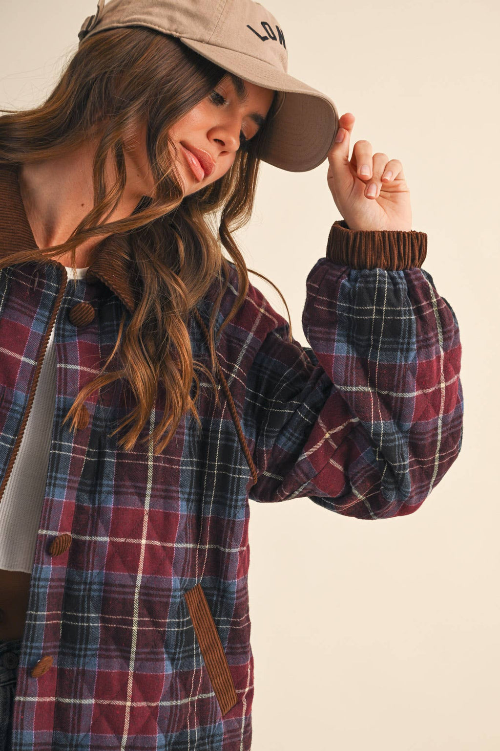 PLAID QUILTED JACKET WITH CONTRAST CORDUROY DETAIL