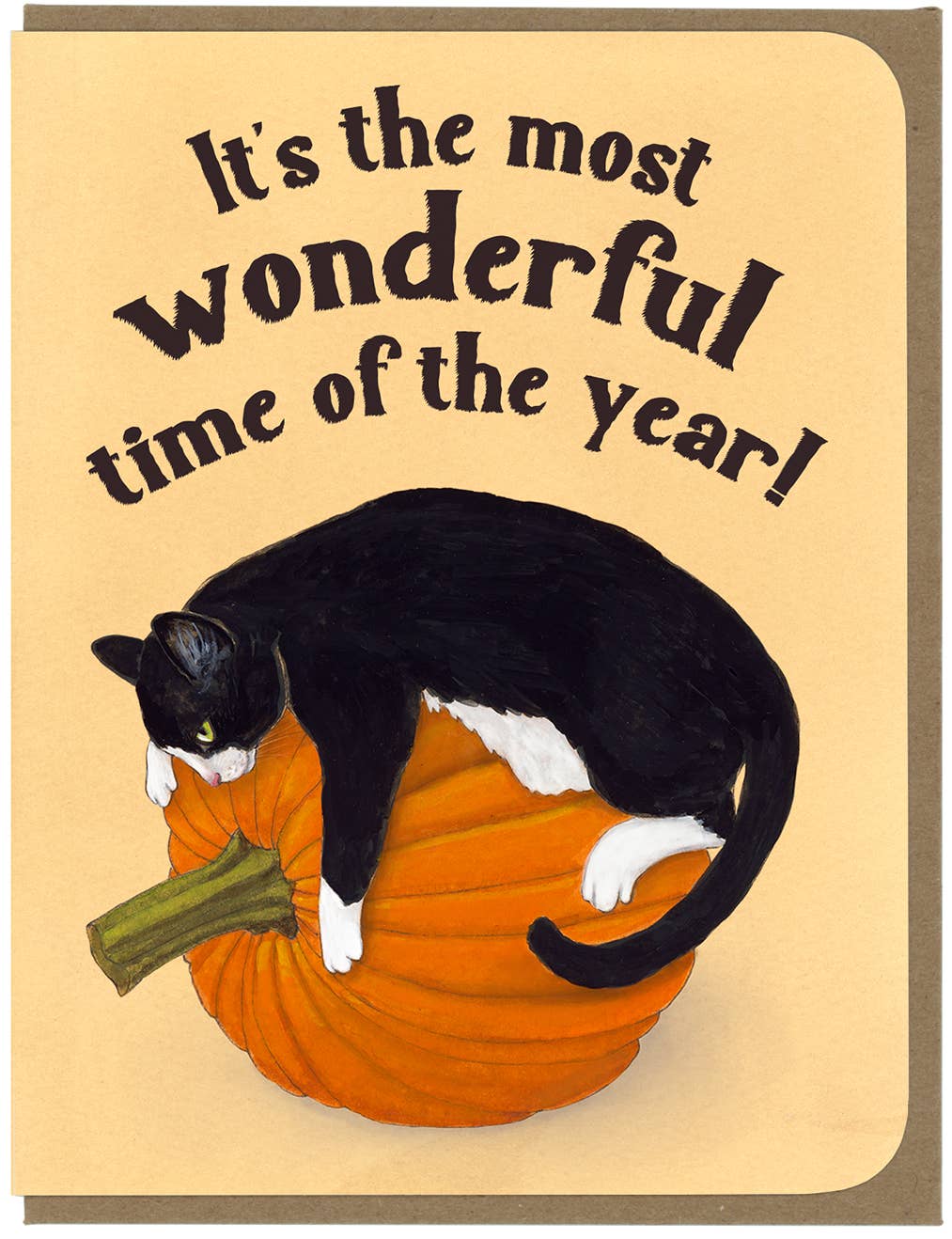 Fall Greetings - Tuxedo Cat and Pumpkin - Halloween Card   