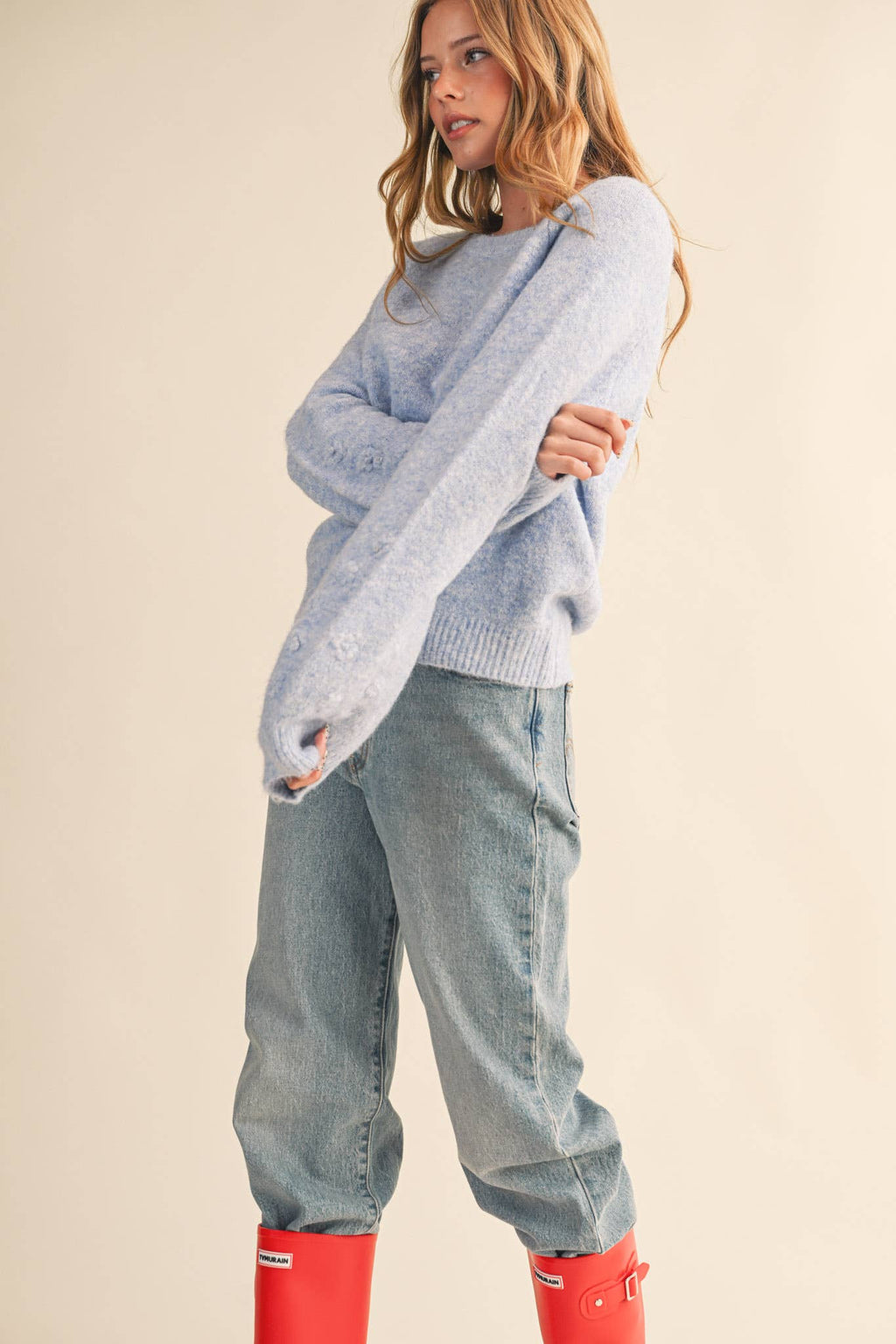 FLORAL KNIT PUFF SLEEVE SWEATER