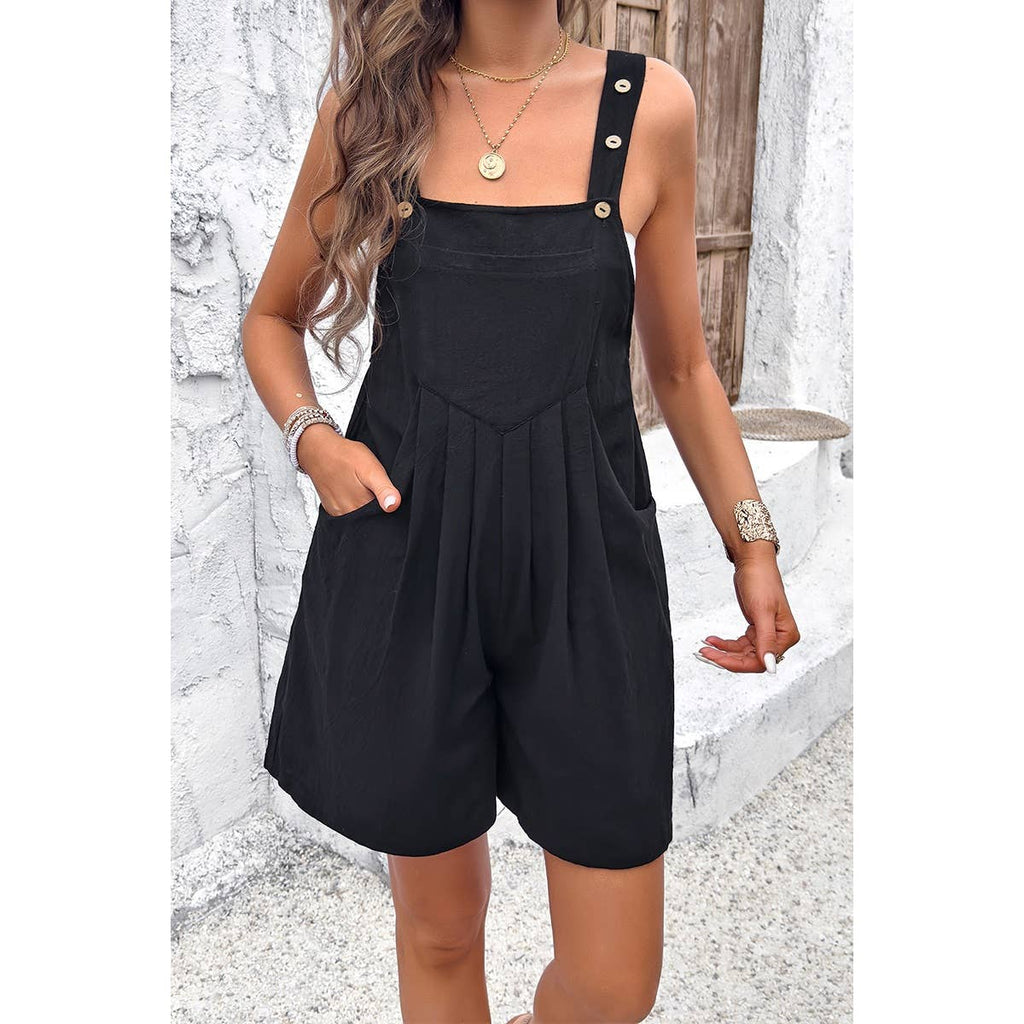 Square Neck Pockets Button Tirm Ruched Romper