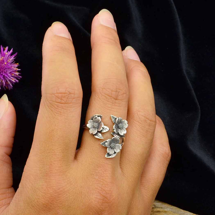 Silver or Bronze Adjustable Dogwood Flower and Leaf Ring