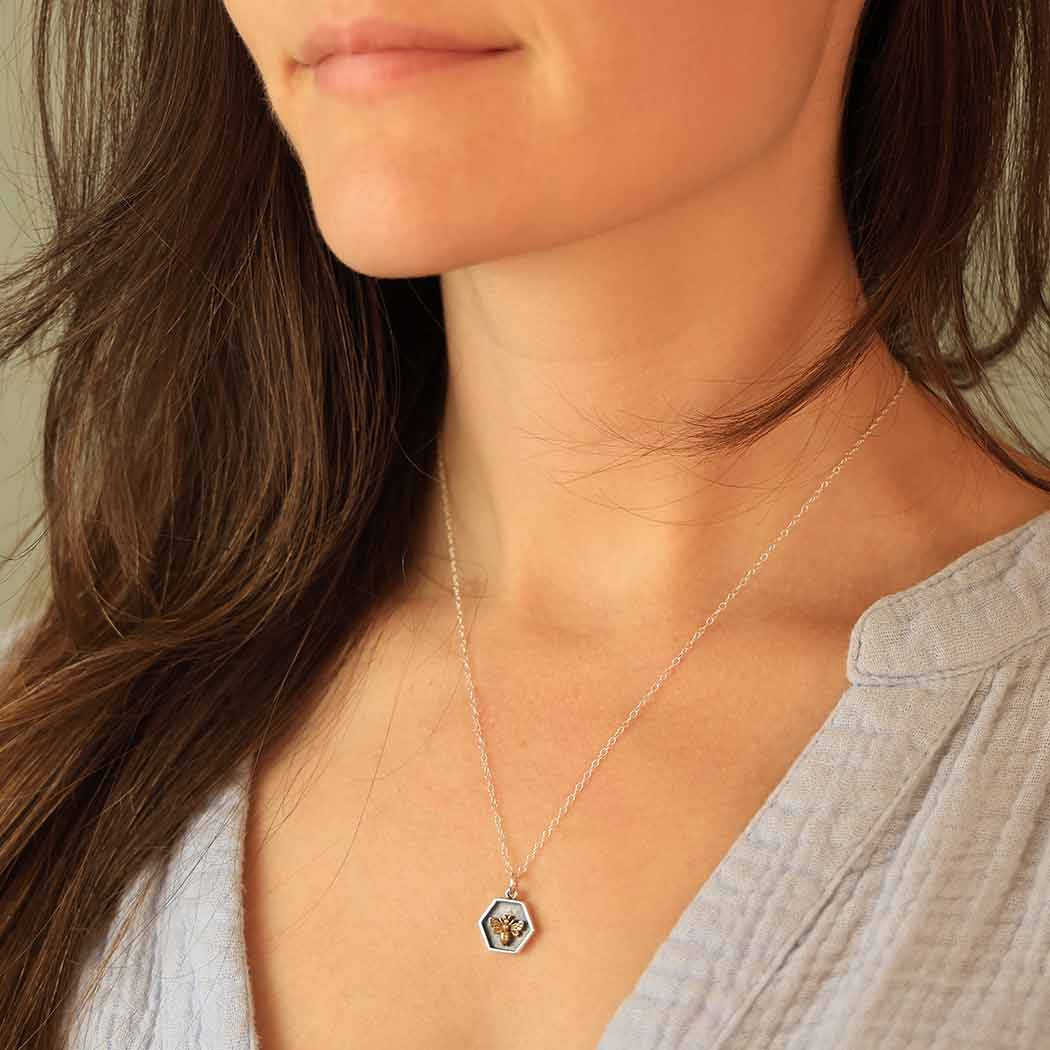 Silver Hexagon and Bronze Bee Necklace