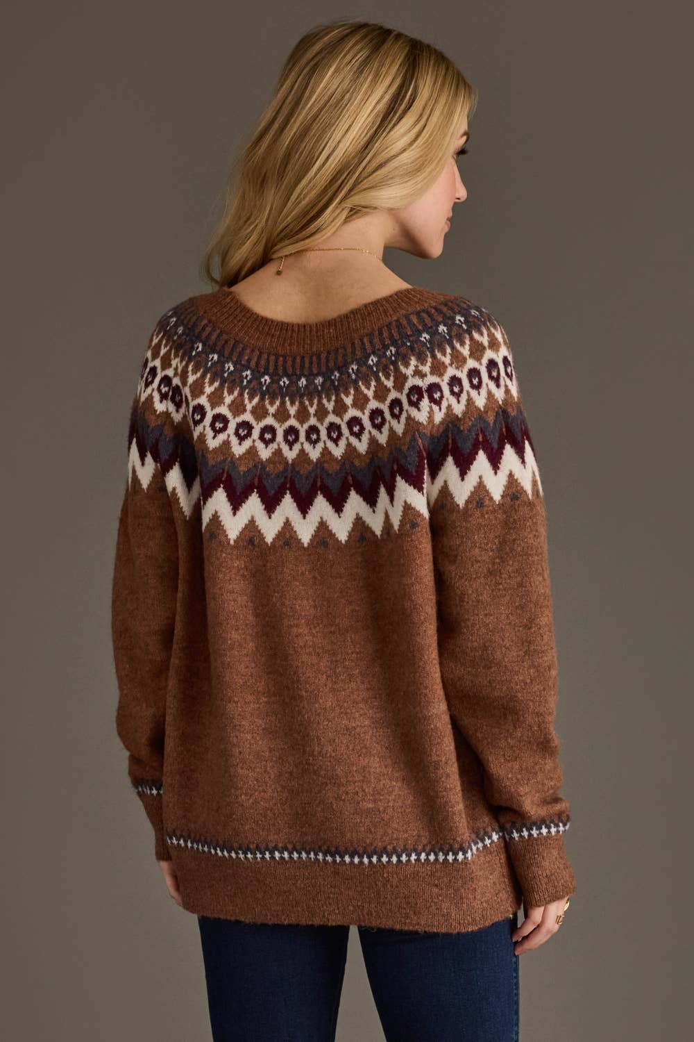 Brown, Gray, Burgundy & White Fair Isle Sweater