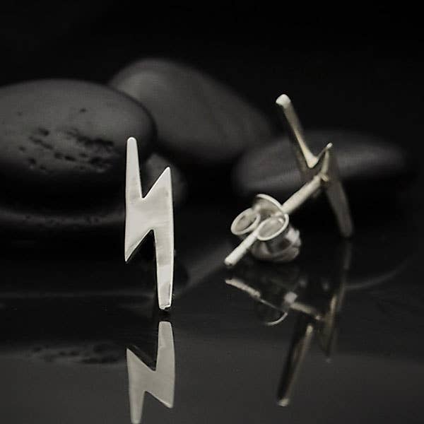 Silver Lightning Bolt Post Earrings 14x4mm
