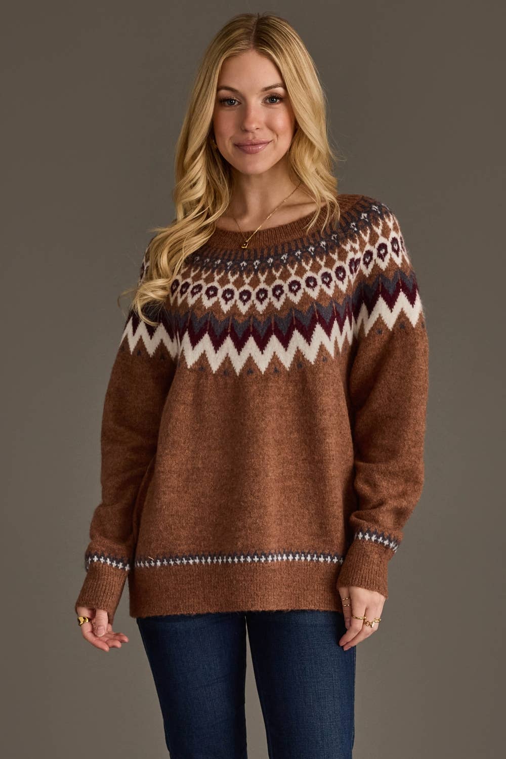 Brown, Gray, Burgundy & White Fair Isle Sweater